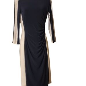 Lauren Ralph Lauren Navy White Dress Sz 4 Ruched Classic Flattering Knee Length